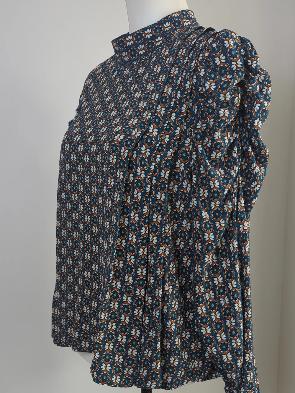 NWT Zara Boho Floral Medallion High Neck Long Puff Sleeve Blouse Teal LARGE